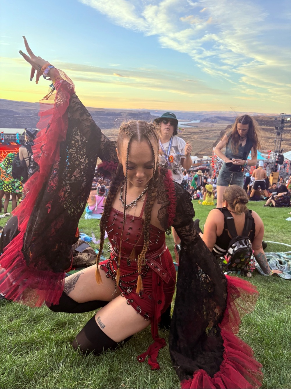 Red Gothic Lace Festival Dress with Bell Sleeves